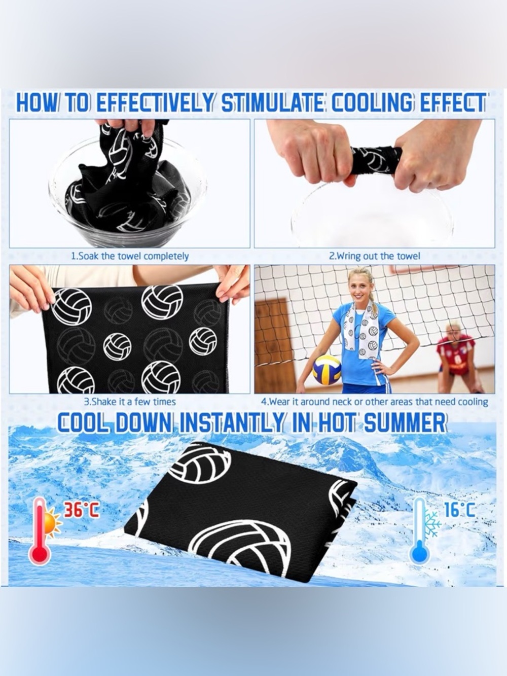 Black Cooling Towel with White Volleyball Print